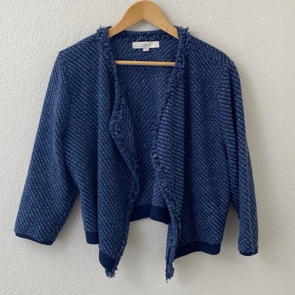 LOFT Sweaters - ⭐️SALE⭐️ LOFT Sweater Cardigan Size Large Blue Open Front Fringe 3/4 Sleeve